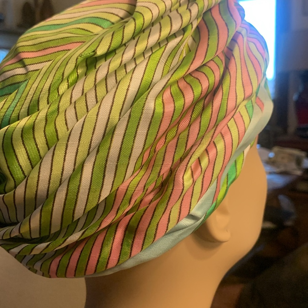 60’s CHRISTIAN DIOR CHAPEAUX SILK STRIPED TURBAN HAT - Picture 10 of 16